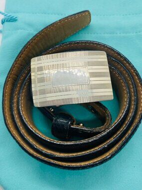 Tiffany & Co Sterling Silver 925 Engine Tuned Buckle Leather Belt